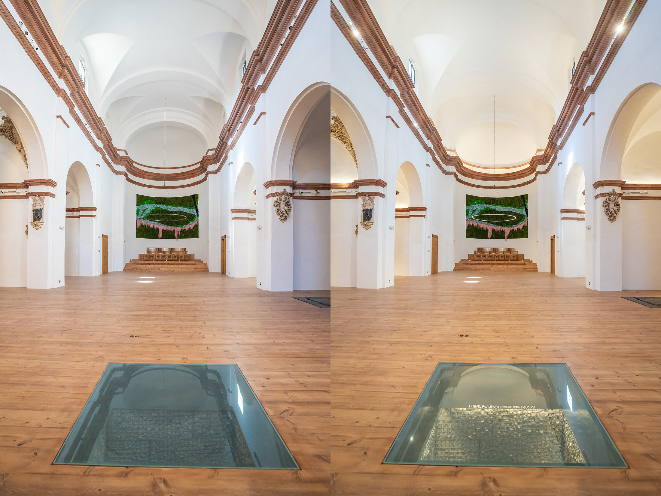 Suelo de madera con paneles de cristal integrados que dejan ver restos arqueológicos